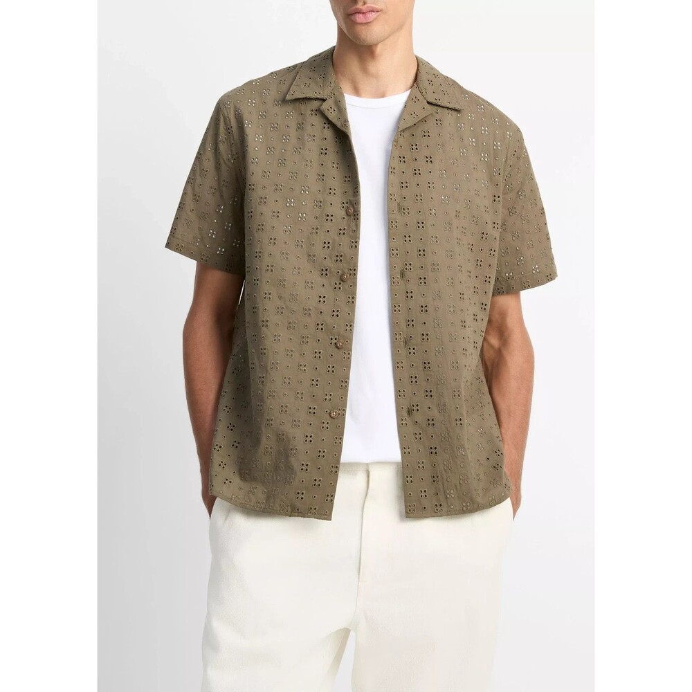 VINCE Button Up Shirt Mens XL Green Cotton Eyelet Short Sleeve Sheer $248